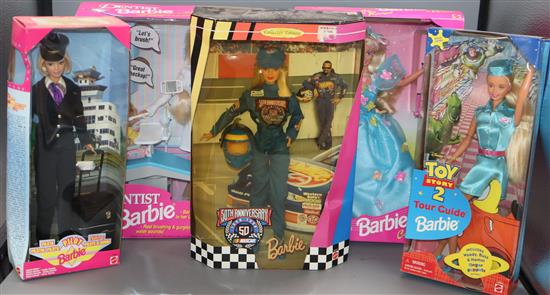 Nascar Barbie, Dentist Barbie, Songbird Barbie, Pilot Barbie, Tour Guide